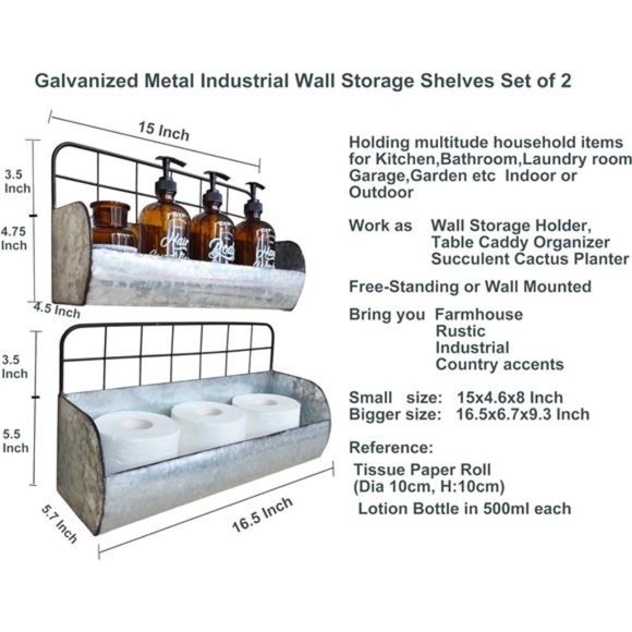 Galvanized Metal Farmhouse Wall Storage Holder Rustic Tin Shelves for Kitchen - Picture 3 of 7